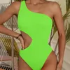 Damskie stroje kąpielowe seksowne jedno ramię Neon Green Hollow Out Ribber Swimming Suit for Women Solid Backless Kąpiel