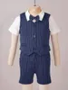 Men's Suits Toddler Boys Gentlemen Suit Turn-Down Collar Short Sleeve Shirt Bow Stripe Vest Blazer Shorts Outfit For Birthday Wedding Party