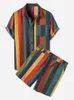Męska hawajska koszula Cienka oddychająca bawełniana koszulka z kolorowymi paskami wakacyjna dwuczęściowa set z krótkim rękawem 240508