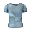 Camisetas para mujeres ynekye denim estampado azul strech camiseta de malla de malla o cuello manga corta delgada top de verano camisetas