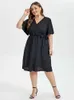 Plus size jurken plus formaat kleding elegante jurk vrouwen hoge taille v nek zacht vlinder slve wrap zoom riem casual korte slve midi jurk y240510