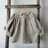 Autumn Retro Girls Long-Sleeve Cotton and Linen Shirts With Button Baby Girl Casual Doll Collar Lantern Sleeve Tops 240512