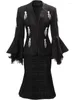 Robes de travail svoryxiu automne mode noir élégant demi-jupe combinaison collier de sténose pour femmes vole en dentelle à manches