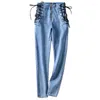 Jeans pour femmes femmes sexy taille haute zipper skinny croix croix bandage long pantalon crayon en denim slim pantalon stretch