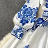 Robe en porcelaine de piste de mode rouge et blanche Femme Long Lantern Sheve Blue Floral Print Shirt Vestidos 2377 240424