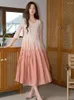 Partykleider rosa Gradientenfarbe 2024 Frühling Sommer Mode Loose Koreanische Frauen O-hals lange elegante Kleidung