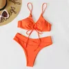 Swimwwear Women Hollow Design Swimsuit High Waist Lace-Up Bikini Ensemble avec un soutien-gorge rembourré Briefs Sexy Couleur solide pour la plage