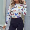 T-shirts pour femmes Fashion Butterfly Printing See-Through Mesh à manches longues T-shirt pour les femmes O Cascus Casual Basic BodyCon Sexy Tee Tops