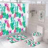 Duschgardiner söt flamingo gardin set tropisk kaktus rosa blommor blad badrum antislip badmatta toalett täckmatta matta