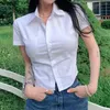 Kvinnors blusar Deeptown Kvinnor Vit Blus Basic Short Sleeve Crop Shirts Korean Fashion Preppy Style Wear Sexy Office Look Summer