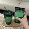 Tasses 450 ml créative en verre vert en silicone en verre tasse de paille de café avec couvercle de bouteille d'eau résistante à la chaleur.