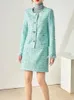 Work Dresses ZJYT Luxury Sequins Green Tweed Jacket And Skirt Suit Two Piece Womens Outfit Autumn Winter Elegant Office Party Dress Sets