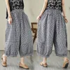 Arrival Summer Women Cotton Linen Anklelength Pants Casual Loose Elastic Waist Plaid Patchwork Bloomers Pants S70 240506