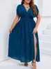 Robes de taille plus de taille plus de la taille de taille batwing slve maxi robe poche décontractée v robe coude divisée cravate ruée en arrière l'été élégant robe y240510