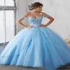 2021 Leichter Sky Blue Ball Kleid Quinceanera Kleider Perlen Spaghetti Sweet 16 Kleid Schnüre -up -Prom Party Kleid MADE MADE MADE MAD