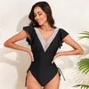 Swimwear Women's Conservative One Piece Femmes Eso Sclow Out V-Neck Swimsuit Side Lace Lace Up Up Breathable Black Bathing Full