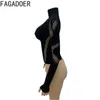 Women's T Shirts FAGADOER Black Sexy Hollow Knitting Thick Lace Crop Tops Women Half High Collar Long Sleeve Slim Clothing Fashion Matching