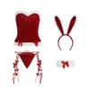 Sexig uppsättning Santa Claus Dress Rabbit Girl Sexig underkläder Kvinnors rollspeldräkt Babydoll Sex Ear Top Underwear Set 4 Pieces Q240511