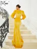 Casual Dresses Missord Yellow Velvet Evening Elegant Women Lantern Sleeve Sequin Split bodycon Maxi Mermaid Party Dress Long Prom Gown