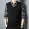 Mens Spring and Autumn Fashion Plaid Fake Two Piece Set POLO Thin Personalized Versatile Comfortable Warm Bottom Shirt 240429