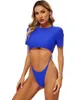 Women's Swimwear Womens One Piece Bathing Suits Swimsuit Short Sleeve Backless Lacing Crop Top High Cut Briefs O-Ring Bikini Monokini