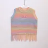 Kvinnor o-hals gradient Rainbow Color Hollow Out Sticked Fringe Tassel Bottom Vest Designer Crop Top Tank