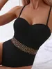 Kvinnors badkläder 2024 Push Up Black Bodysuit Swimsuit Women One Piece Sexig kvinnlig solid badare Badande simning Simdräkt strandkläder