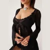 Women's Sexy Cutout Crochet Bikini Swim Cover Up V-Neck Long Sleeve Hollow Out Beach Mini Dress Summer Beachwear 2024