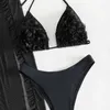 Costumi da bagno femminile echoine sexy abito bikini abito da 3 pezzi rabbuffone patchwork a maglie vedi attraverso la gonna a copertura abbigliamento da spiaggia estate