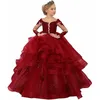 2024 Hobes de fille de fleur à manches longues V Coue Princess Princess Queen Communion Robe Tierred Petit enfants First Birthday Daughter et Mère robes Robes de mariage