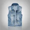 Mens Highgrade Brand denim Vest Cotton Casual Jacket ärmlös väst 80 -tal Jean Top Coat Ripped Male Cowboy 240509