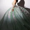 Glitter Mint Quinceanera Dress Ball Gown Off The Shoulder Colorful 3D Flowers Applique Beads Tull Corset Sweet 16 Vestidos De XV 15 Anos