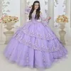 2024 Sexy Quinceanera Dresses Lilac Long Sleeves Sweetheart Lace Appliques Tiered Sweet 16 Dress Vestidos De 15 Prom Party Gowns Floor Length 0513
