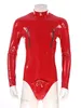 Mens Glossy Catsuit Sexig dragkedja Öppen Crotch Shiny Leather Bodysuit Porn Bulge Pouch Wetlook Latex Leotard Jumpsuits Clubwear 240511