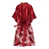 Home Clothing Women Nightgown Elegant Ice Silk Bird Print Satin Lace-up V Neck Women's Bathrobe Soft Cardigan Bride For
