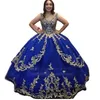 Vintage Royal Blue and Gold Brodery Lace Quinceanera Dresses Prom Pageant Ball Gown V Neck Corset Crystals Pärled Vestido de 16 Anos 266h