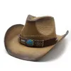Band de sangle en cuir turquoise de mode pour hommes Retro Turquoise Hollow-out Bohemia Cowboy Western Summer Straw Cowgirl Sun Hat 58cm