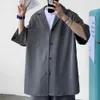 Kore tarzı erkek set takım elbise erkekler düz renk gevşek tasarım iki parça moda palto şort yaz büyük boy giyim adam 240506