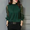 Women's Blouses Perspective Net Mesh Sleeve Women Chiffon Shirt Elegant Ruffle Collar See Through Back Button Office Lady Casual