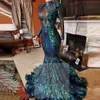 2022 Lange mouw High Neck Prom Dresses Emerald Green Lace Mermaid avondjurk 2022 formele jurken kralen Vestido Sirena Largo CG001 315m