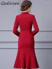 Casual Dresses Gedivoen Autumn Fashion Designer Red Vintage Spliced Dress Women Lapel Diamond Beading Ruffles High Waist Slim A-LINE Long