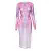 Robes décontractées orangeg rose gradient plein manche longue robe femme transparent coure cou gothique gothique mince caricature de fente fantaisie respirante