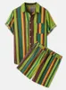 Męska hawajska koszula Cienka oddychająca bawełniana koszulka z kolorowymi paskami wakacyjna dwuczęściowa set z krótkim rękawem 240508