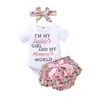 Kledingsets Pasgeboren papa Girl Mom World Gedrukte korte mouwen gegolfde bloem korte shorts hoofdband set baby meisje kledingl240513