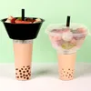 Disposable Cups Straws 25pcs Net Red Milk Tea Pot Cup Fruit Tray Steak Drink Juice Snack 500ml 700ml Packaging Clear Plastic