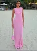 Julissa Mo malha no pescoço redondo com babados maxi vestido sem mangas, veja através do vestido feminino verão elegante e elegante vestido de praia 240426