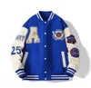 MENS Spring Fall Varsity Jackets broderi Korean Fashion Loose Baseball Uniform Par Blue Retro Leather Sleeve Bomber Coats 240511