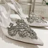 Dress Shoes Designer Sandalen Satin Pointed Slingbacks Bowie Pumps Crystal High Heeled Shoe Damesschoen Luxe feest Wedding Sandaal EUR 35-42