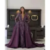 2024 fioletowe sukienki wieczorne winogron noś klejnotkę iluzję arabską syrenę koronkową kryształowe formalne sukienki na imprezę balową specjalne długie rękawy Orsarks 0513