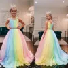 Rainbow Chiffon Little Girl Pageant Dresses 2022 Riraps-Neck Girls Prom Jurdens Zipper V Back Mouwloze A-Line Lange Lange Kids Formeel Party BI 326W